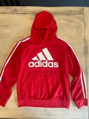 adidas Red Hoodie with White Logo Stripes